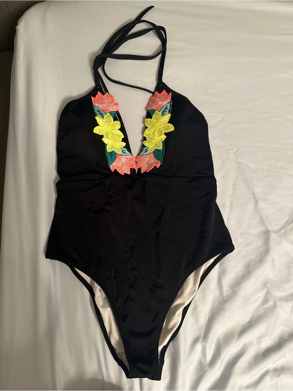 Victoria's Secret Black One-Piece Swimsuit with Neon Floral Appliqué